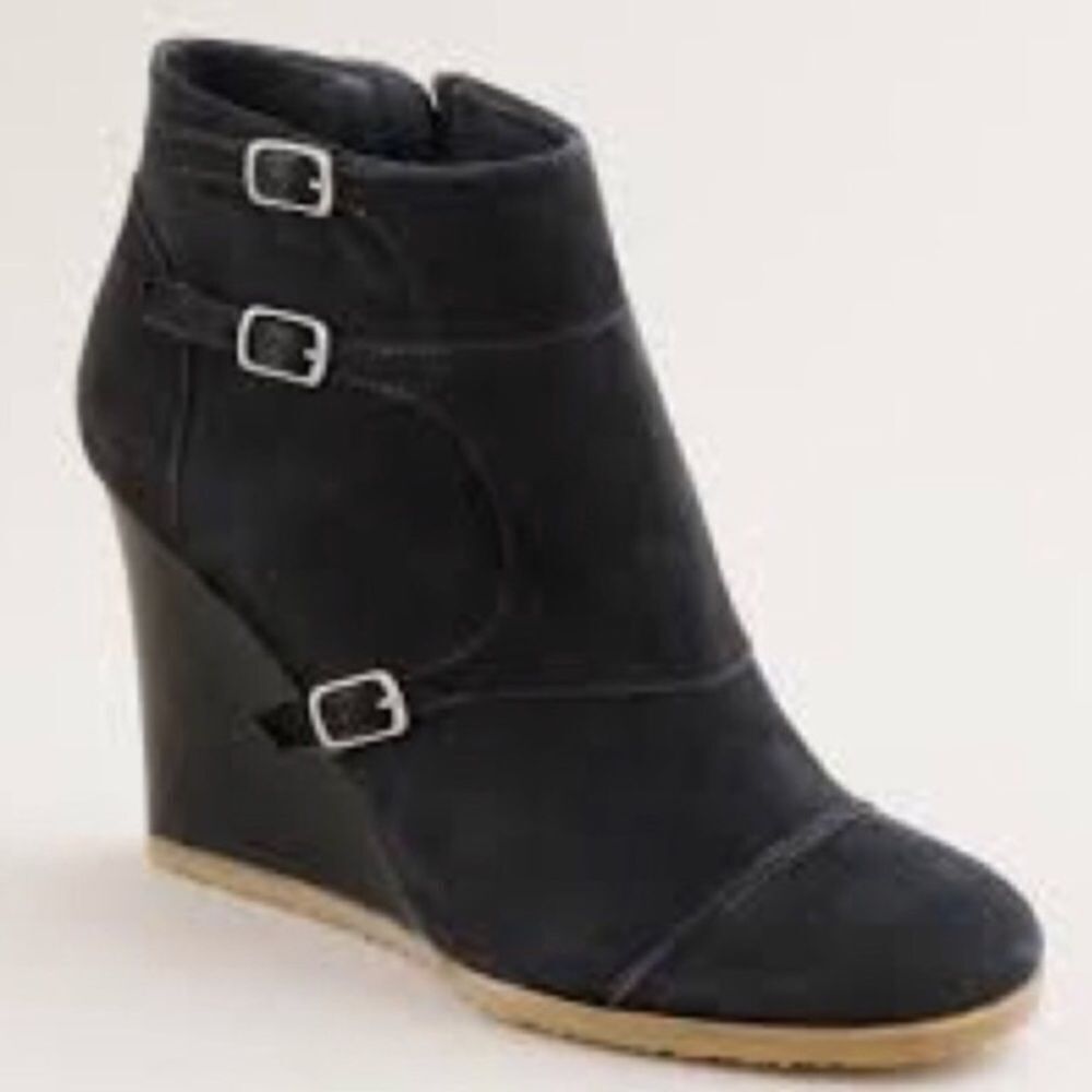 JCREW Greer black suede wedge buckle zip up ankle bootie